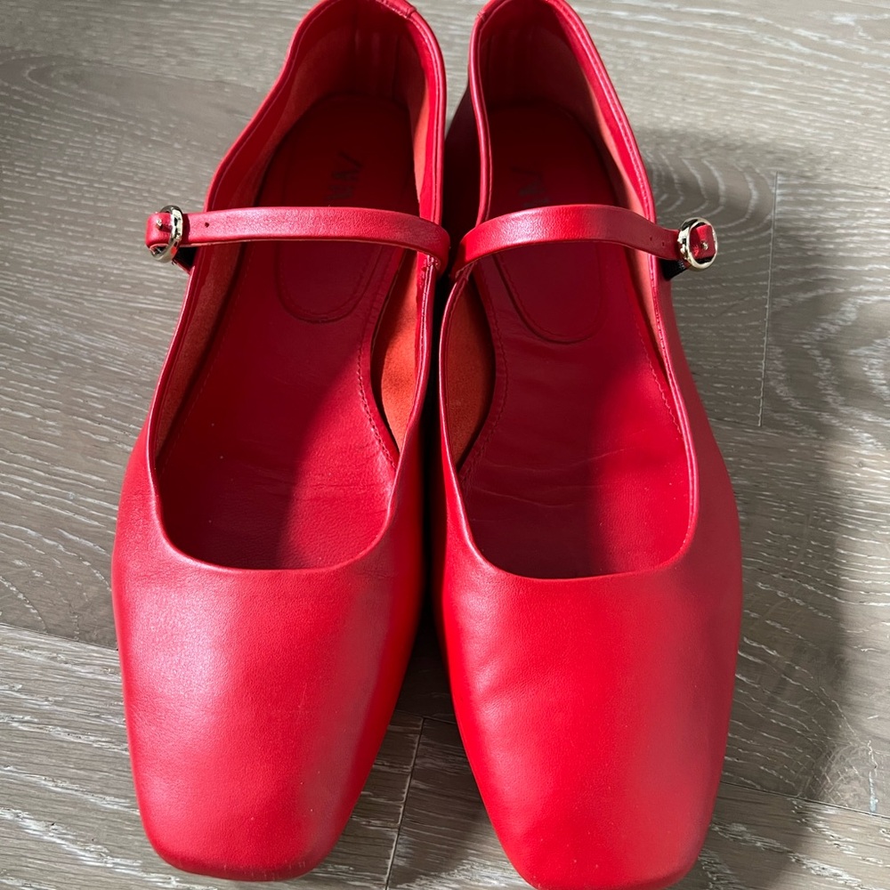 Zara Red Mary Jane Flats with Square Toe